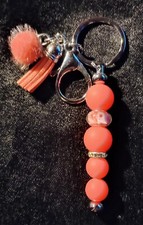 Handmade Beaded Keychain with Mini Pom Pom, Tassel On Metal Bar