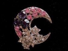 Moon Brooch pin pink purple & clear rhinestones 1.5x1.25 GIFT mothers day #2