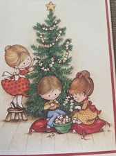Vtg Christmas Card MCM Unused Hallmark Children Tree Popcorn Garland W/envel