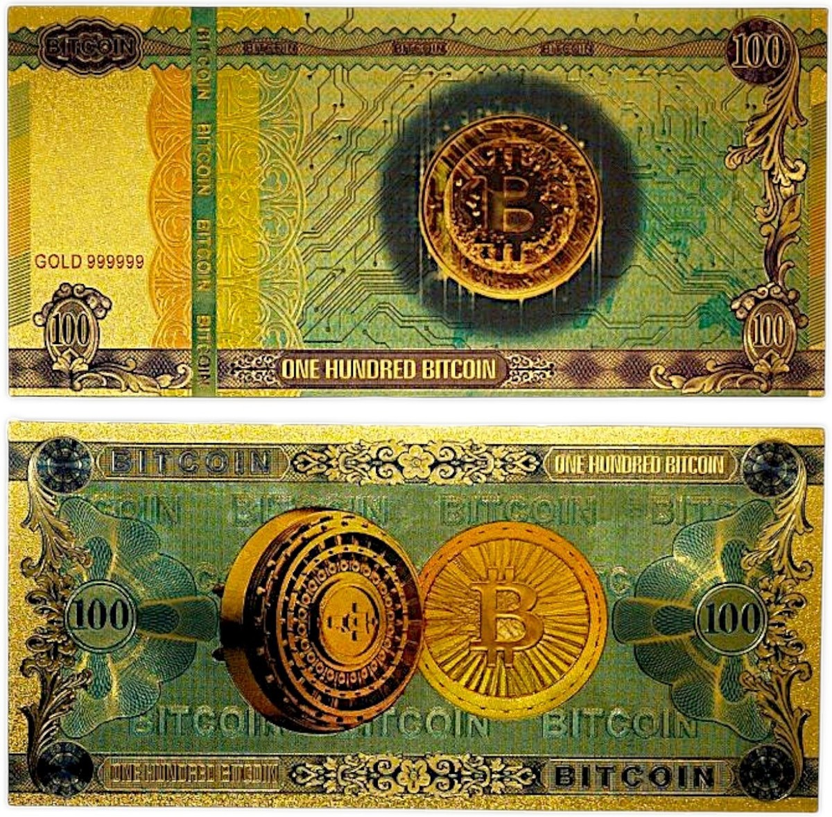 100 BITCOIN Gold Foil Fantasy Banknote – Rare PVC Crypto Collector’s Item