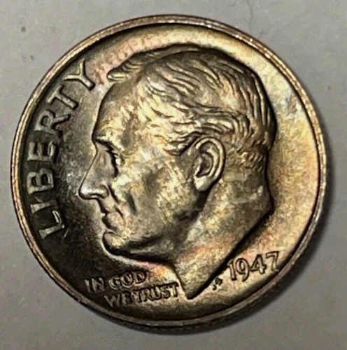 GEM BU 1947-S ROOSEVELT DIME "TONED" FROM AN ORIGINAL ROLL "END" PQ