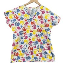 Scrubs by Nick and Sarah Scrub Top Womens White Multicolor Kids Hand Prints Sz S