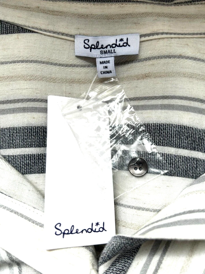 NUEVO CON ETIQUETAS Espléndido Cuello Lateral Dividido a Rayas Abotonadas Manga Larga Blanco Talla Pequeña Foto 2 de 4