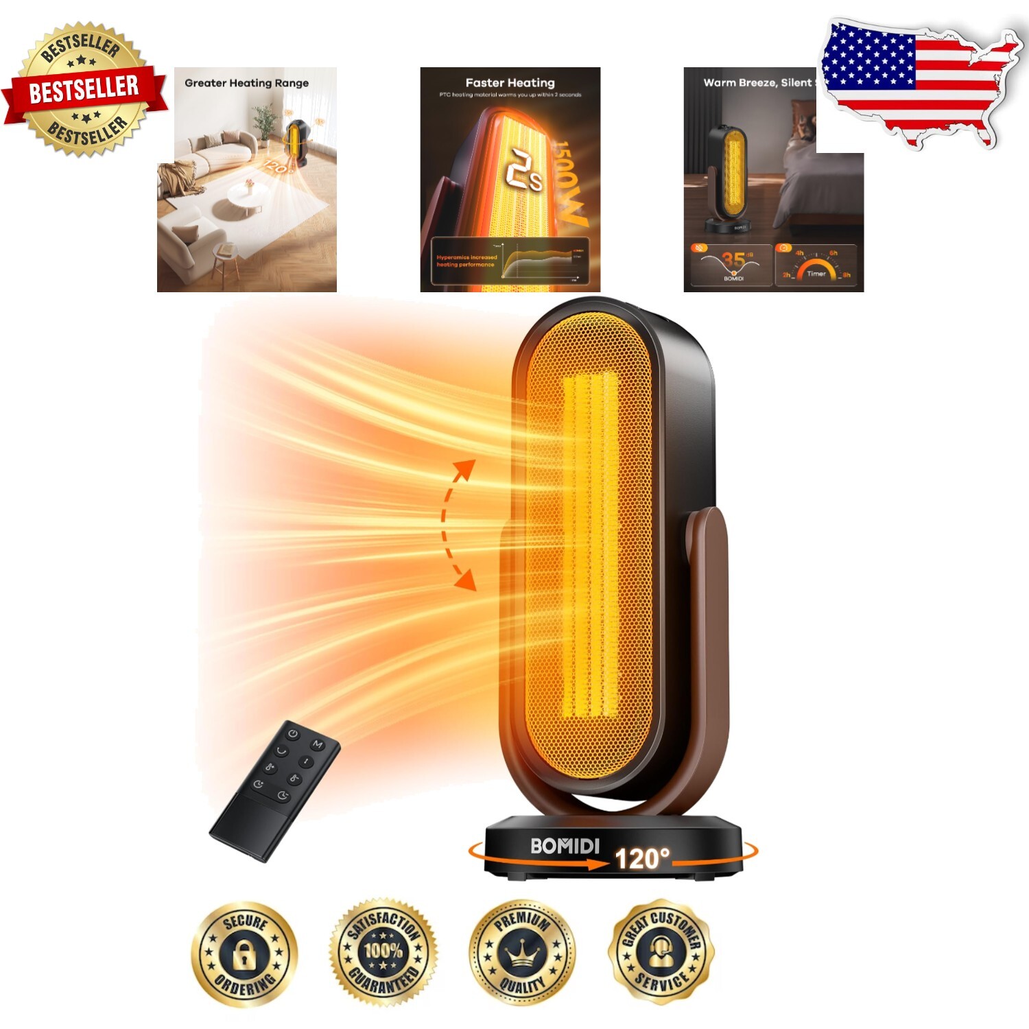 1500W Ceramic Space Heater with Remote - Oscillating Tower Heater for Quick Heat