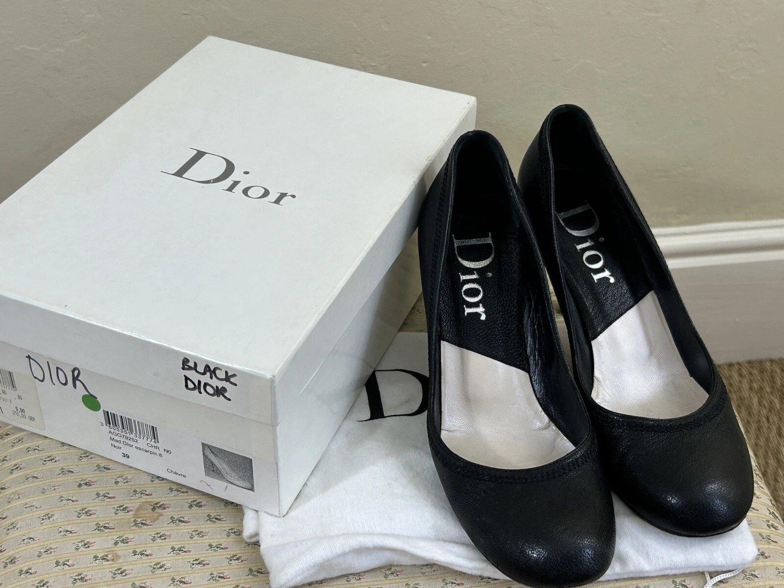 DIOR Talons Cuir Noir Escarpins Chaussures de Cour Taille 39 En Boîte
