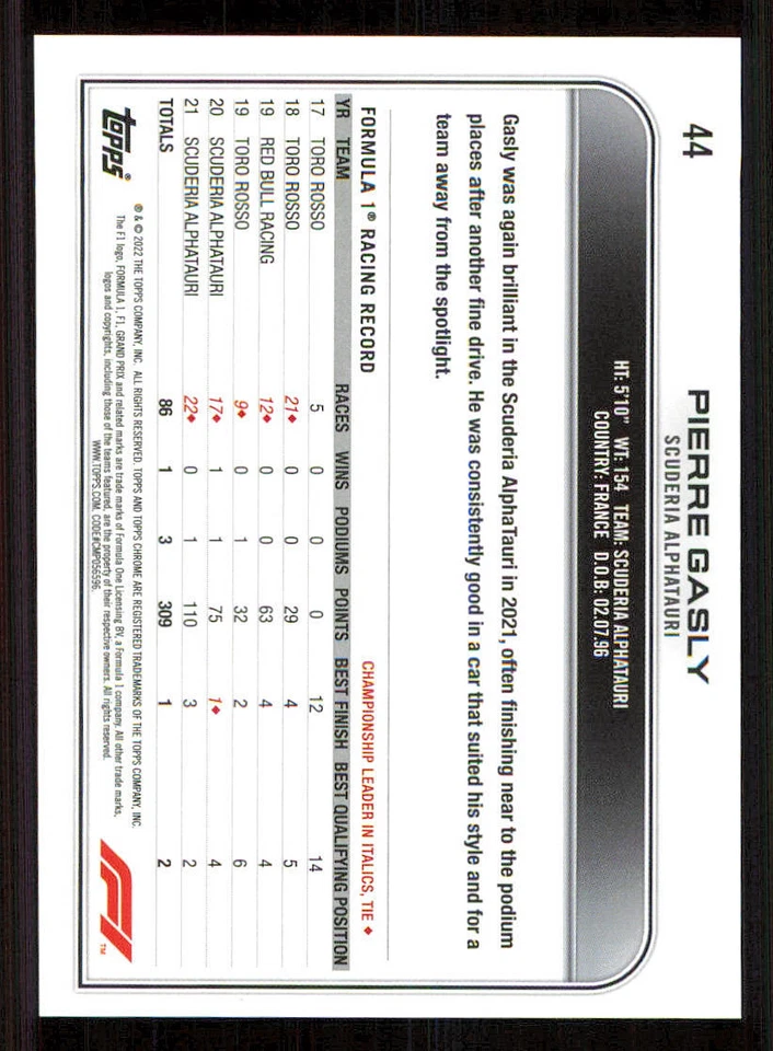 2022 Topps Chrome Formula 1 #44 Pierre Gasly - Image 2 of 2