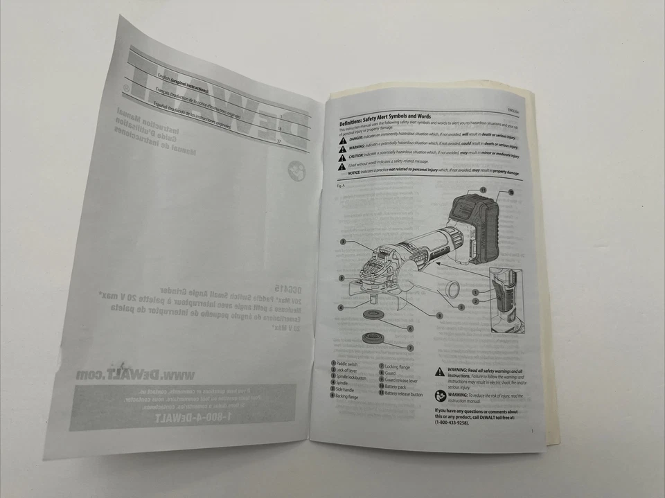 DeWalt Instruction DCG415 20VMax Paddle Switch Small Angle Grinder Manual Only V - Image 2 of 3