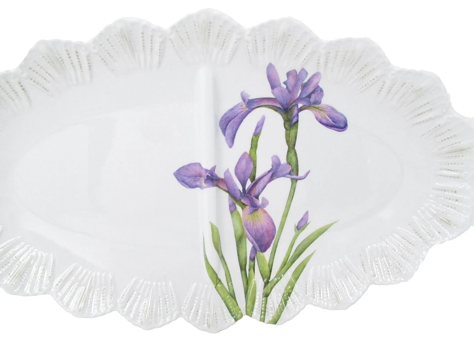 Shabby Chic 三聚氰胺服务托盘紫色虹膜花朵 15"x9" 波浪边 — 第 2/3 张图片