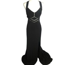 Xscape Black Sexy Deep V-Neck Open Back Maxi Gown Formal Dress Sz 14