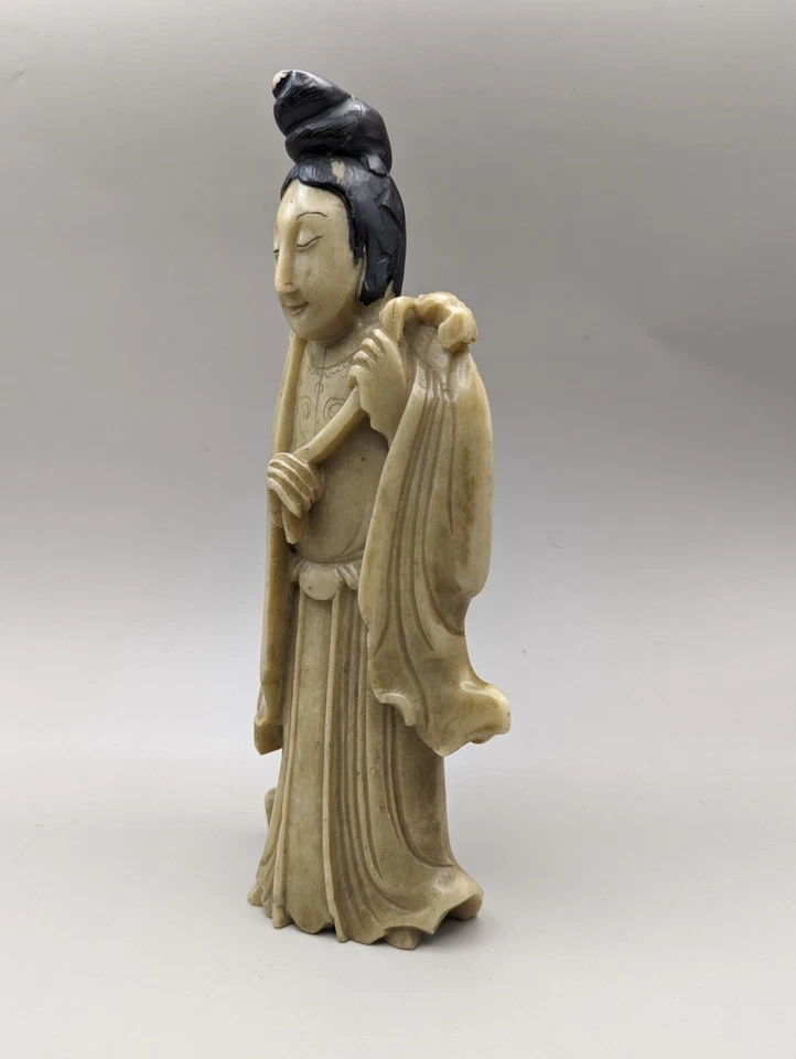 Estátua de lótus antiga chinesa da dinastia Qing esculpida à mão pedra-sabão Quan Yin - Imagem 2 de 4