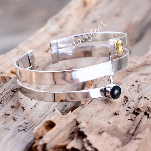 Black Onyx & Citrine Topaz Gemstone 925 Sterling Silver Shining Cuff Bangle - 第 3/5 張圖片