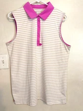 Antigua Womens Blouse XL Polo Shirt Purple White Brown Striped Sleeveless Top