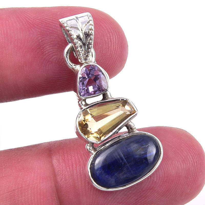 Natural Kyanite Citrine 925 Sterling Silver Pendant 1.25 Inch