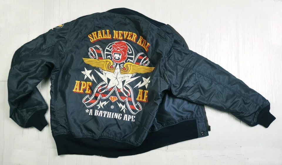 HOT VTG Men's A BATHING APE @ MA1 BOMBER SHALL NEVER KILL NAVY Jacket L (*Fit M) - Image 4 of 4