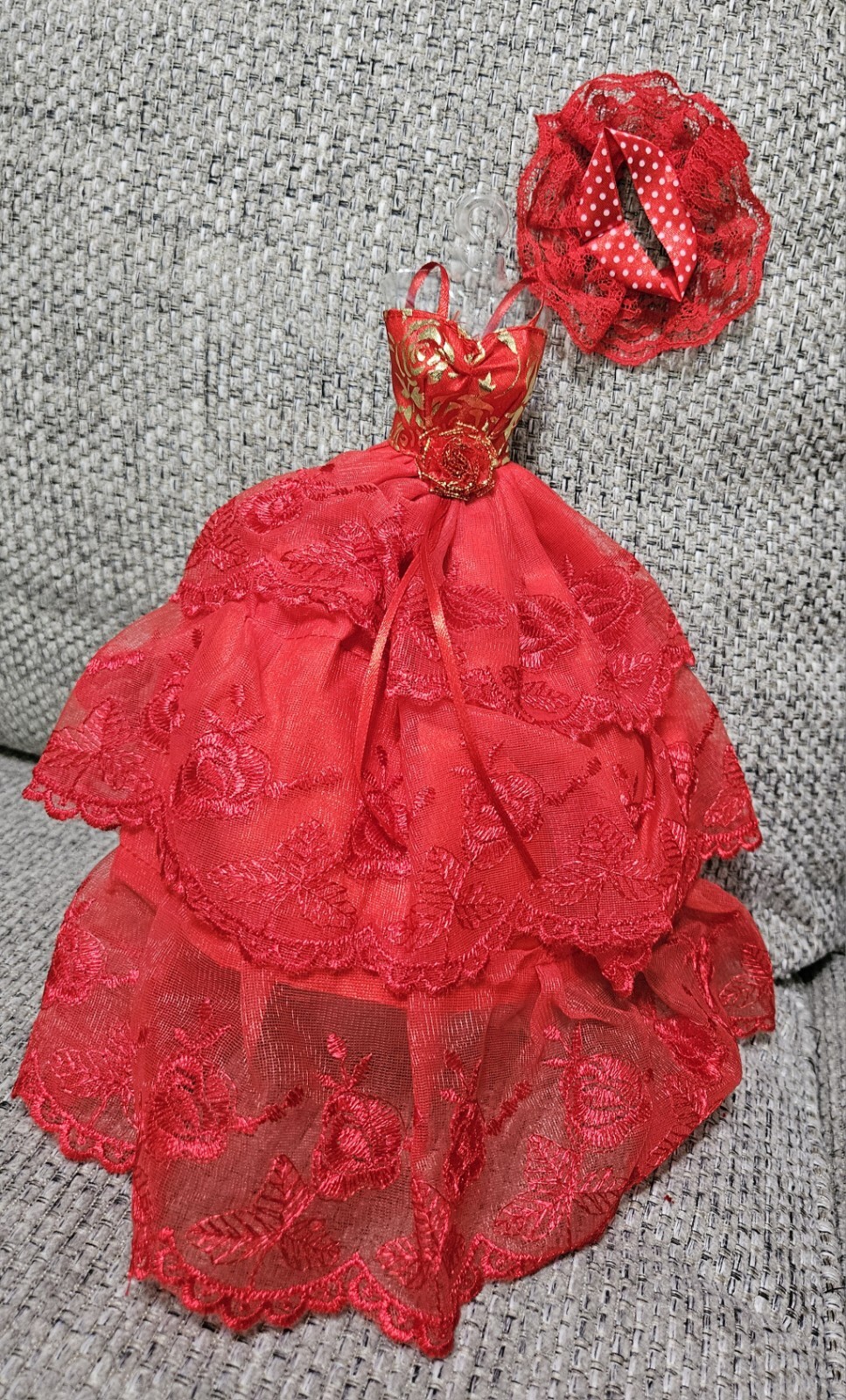 Red Formal Dress with Layers of Lace & Hat For Fashion Dolls- Doll Not Included