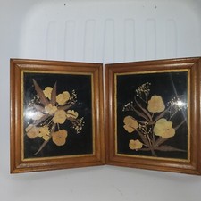 Vtg Framed Dried Pressed Flowers on Black Picture  6X7 Wood Frames Pansies