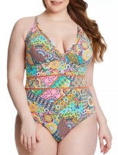 Bleu Rod Beattie Swimsuit Size 16W Seriously Sunny Multicolor X Back V Neck