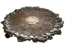 Rundes Anbietplatte auf 3 F&uuml;&szlig;en 25,5 cm Rokoko-Stil Teller Bronze versilbert