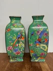 Pair of Green Oriental Chinese Ceramic Vases - Floral Bamboo & Bird - 34cm High