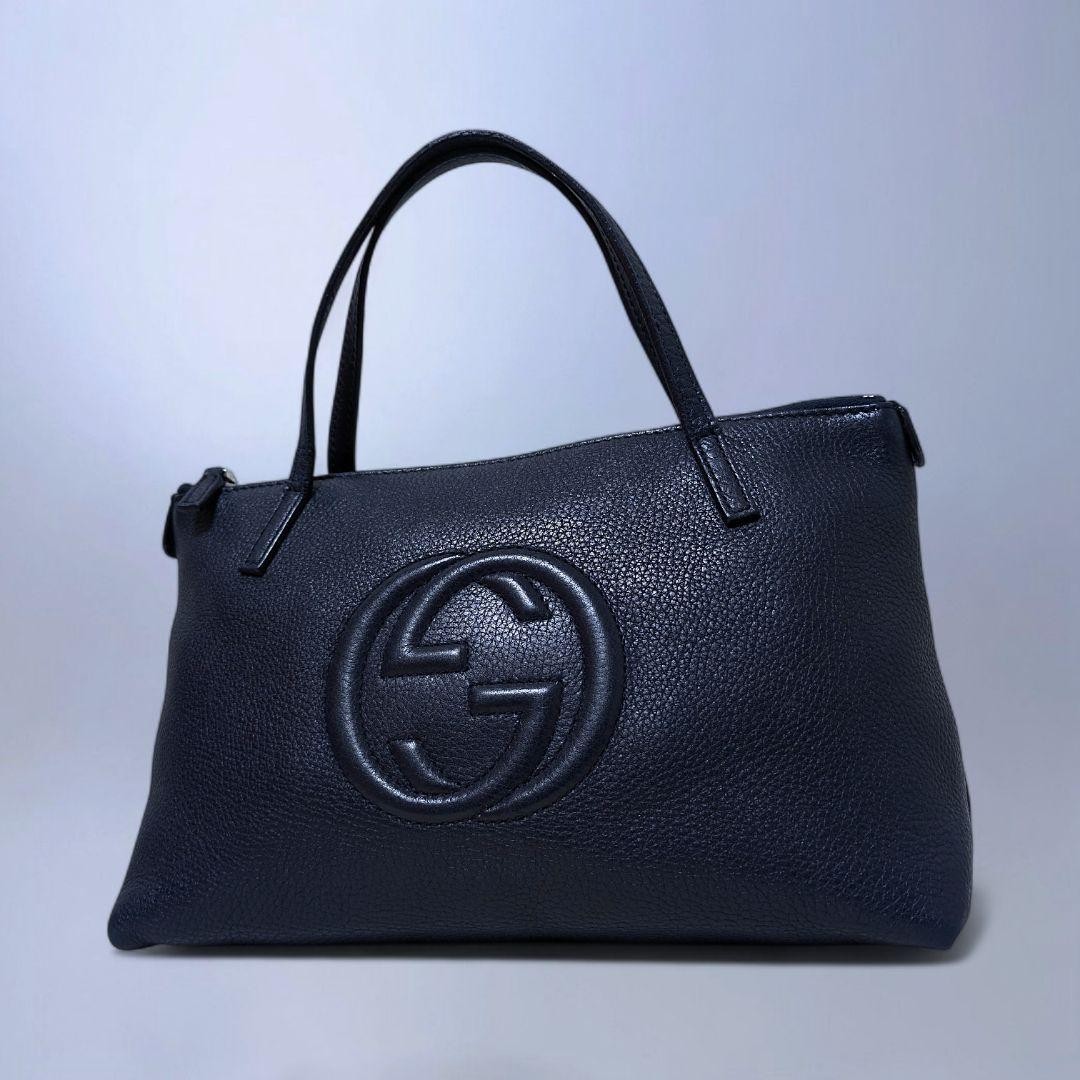 GUCCI 340618 213048 Soho Mini Handbag GG Leather Navy Blue Vintage From Japan thumbnail 18