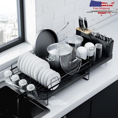 Extendable Dish Drying Rack Anti-Rust Kitchen Organizer W/ Cutlery Cup Holders