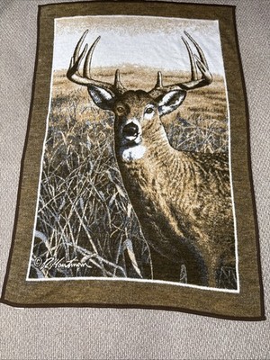 Vintage Biederlack Reversible Blanket Deer Buck Stag Hautman 52  X 75  Fleece