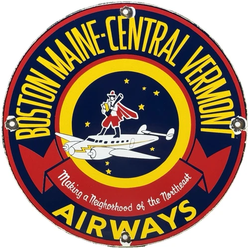 VINTAGE BOSTON MAINE AIRWAYS PORCELAIN SIGN GAS STATION SALES SERVICE AVIATION