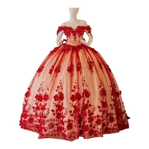 Elegant Red Floral Wedding Ball Gown Size 4-6