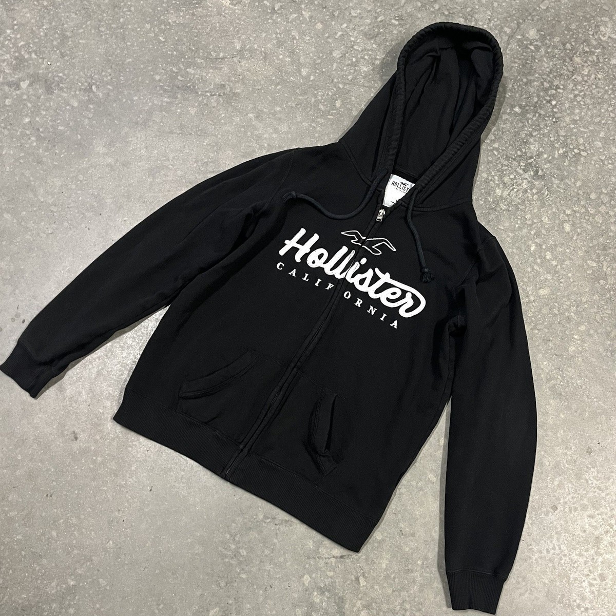 Y2K Hollister Mens Zip Hoodie Medium Black California Bird Vintage
