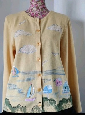 Christopher & Banks Strickjacke UK M Vintage Gelb Stickerei Landhaus Kern Meer