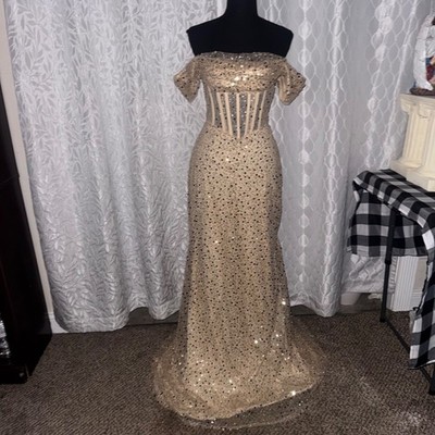 gold sparkly corset dress Gold Sequin Sheer Corset Gown with High Slit and Rhinestone Details
