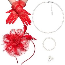Girls Tea Party Fascinators Hats with Lace Gloves Pearl Necklace Earring Red
