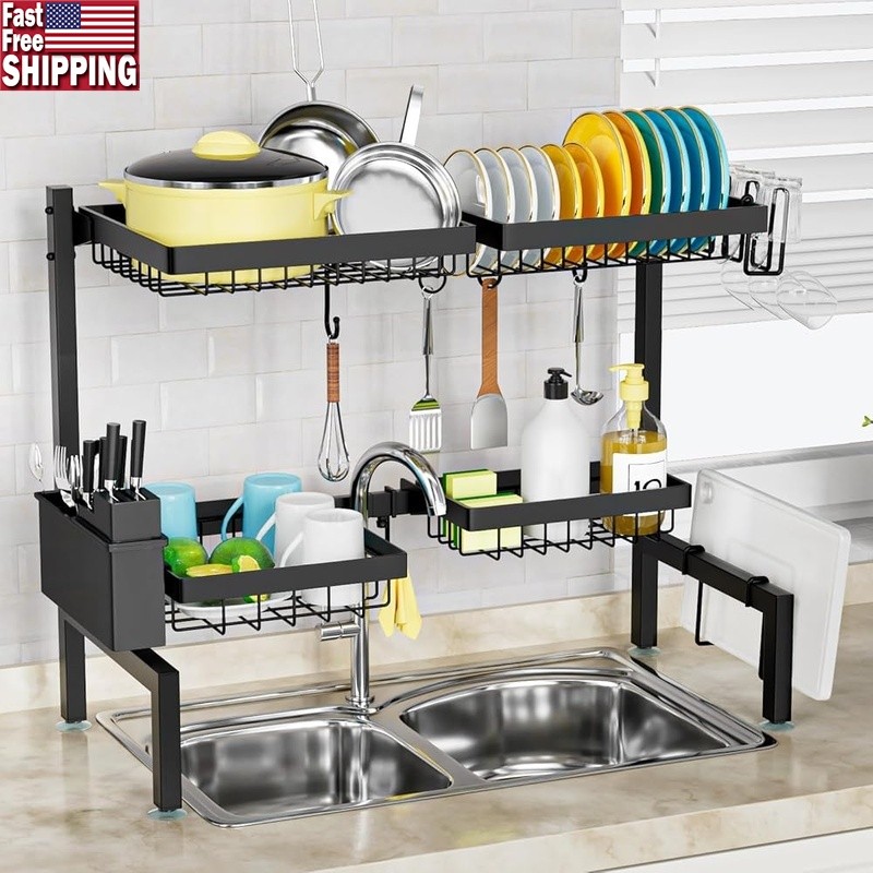 Expandable Over Sink Dish Drying Rack Kitchen Organizer W/ Hooks Accessories New