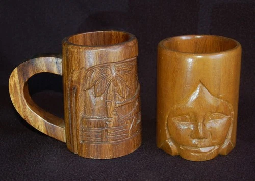 2 Hand-Carved Wooden TIKI Mugs ~ Polynesian Village Scene & Face ~ VGC Vintage