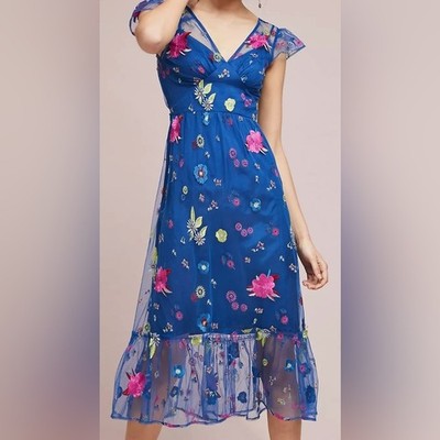 Anthropologie Tracy Reese Topaz Embroidered Midi Dress Blue Women's Size 2