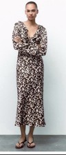 Zara Ruffle Printed Satin Effect Long Sleeve Dress 8773/502 Brown Off White