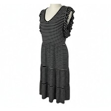 Max studio Women's Stripe Tiered Sleeveless Knit Ruffle Midi Dress Black White M