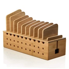 Multi Device Charging Station - Bamboo Charging Dock and Cord Organizer for 1...