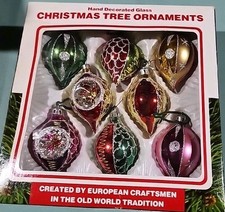 Vintage European Hand Decorated Glass Ornaments 8 in ea Box set made in Romania