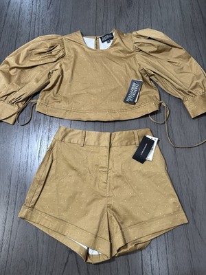 Danielle Bernstein SET khaki dot puff sleeve top XS high waist shorts 0 NWT