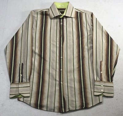 Roar Shirt Mens Medium Striped Long Sleeve Button Up Flip Cuffs Logo