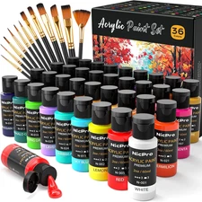 36 Colors Acrylic Paint Set with 12 Brushes & Palette, Non Toxic Art Supplies Ki