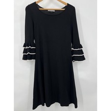 Danny and Nicole Black Knit Tiered Ruffle Bell Sleeve Dress White Trim Small