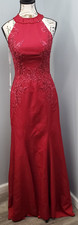 Prom Formal Maxi Dress Womens 2 Red Embroidery Sequin Beaded Lace Up Back EUC