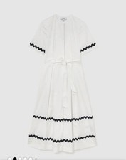 Reiss Ivory/Navy Isabelle Stretch-Cotton Wave-Trim Midi Dress Size 14 Bnwt