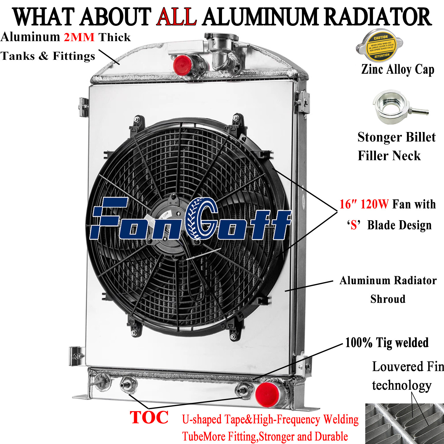 Aluminum 4-Row Radiator Shroud Fan fit 1933-35 Ford Model A Base 2.2L Chevy V8.