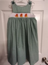 Vintage Smocked Dress Kelly's Kids Green Plaid With Lion's Size 5-6 Long