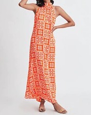 NWT Ann Taylor Tiled Flowy Tie Neck Halter Maxi Dress Jupiter Orange XS 149