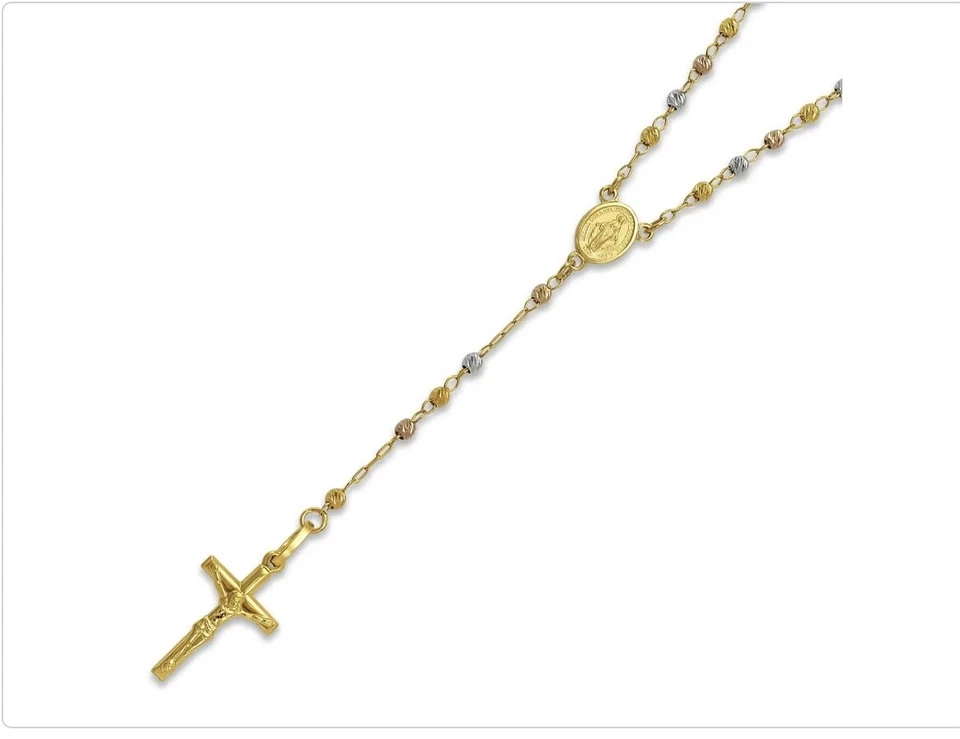 3mm 14K Solid Tricolor Moon Cut Gold Rosary Necklace Crucifix 16" 18" 20” & 24” - Image 2 of 2