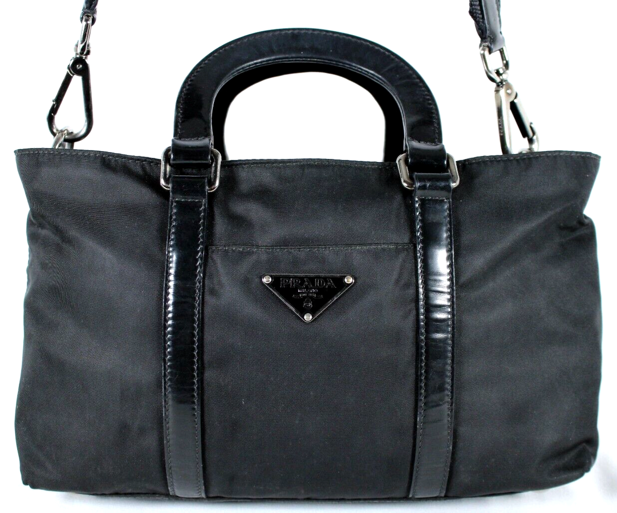 トートバッグ PRADA Black Leather Small Shoulder Bag PRADA Vintage Black Tessuto Nylon & Leather Zip-Top Small